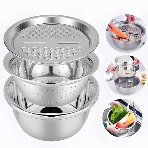 3 in 1 Multi-functional Grater Basin Stainless Steel Colanders Set