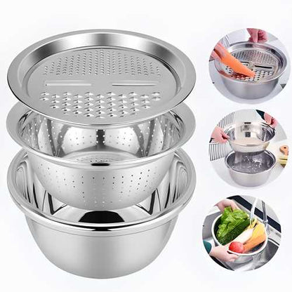 3 in 1 Multi-functional Grater Basin Stainless Steel Colanders Set